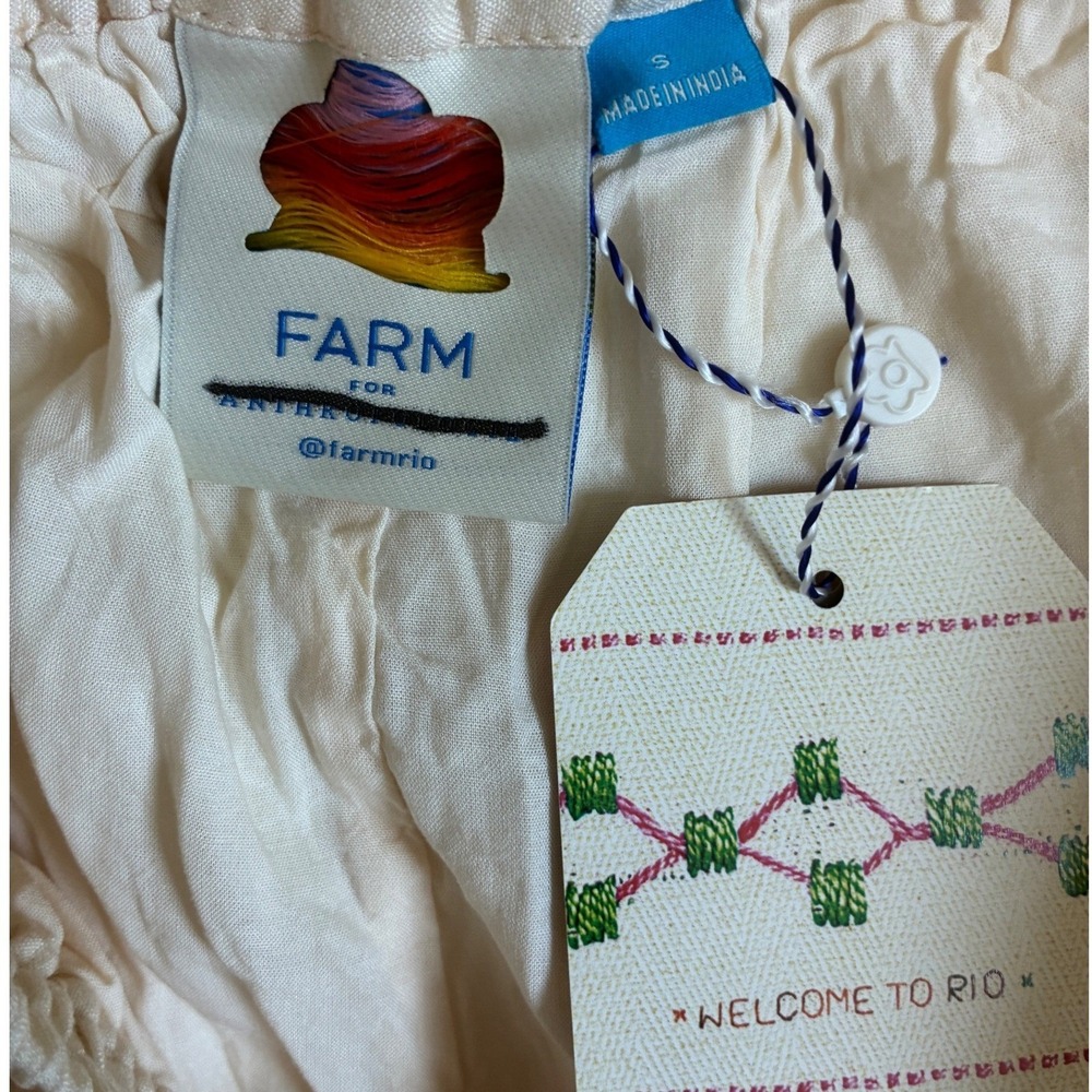 Farm Rio Anthropologie Floral Wide Leg Pants Cream Navy Blue Beaded Tassel Small - Picture 7 of 14